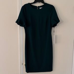NWT Calvin Klein Dress with Ruffled Cap Sleeve - Dark Green - SZ 10